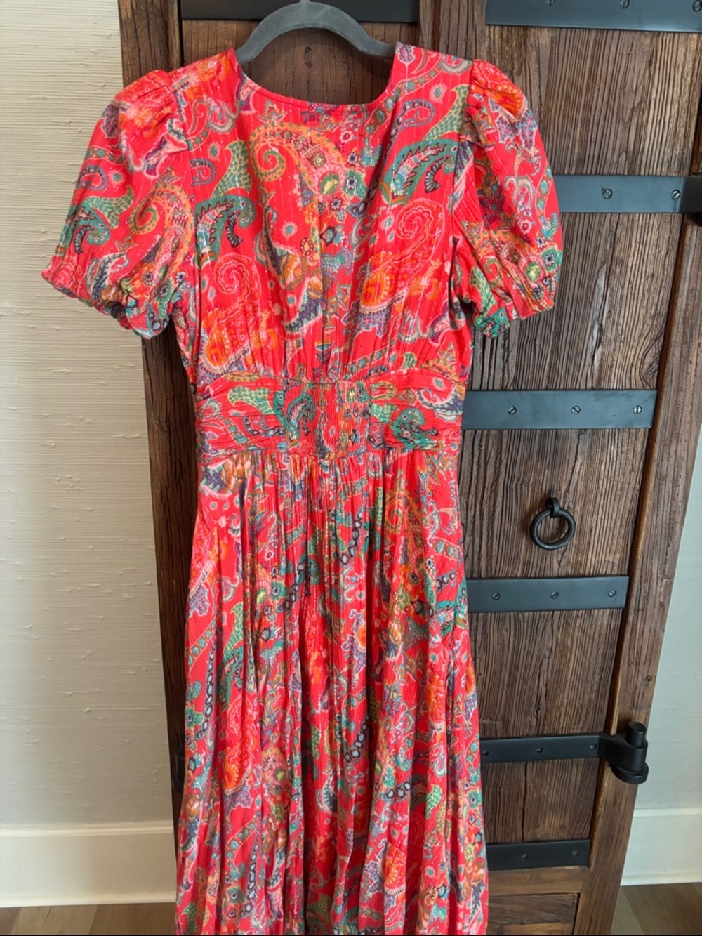 Anthropologie Red Paisley V-Neck Maxi Dress with Puff Sleeves - Picture 8 of 8